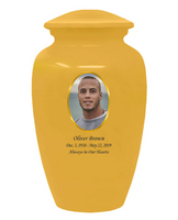 Yellow urn with a photo of a man and text on a white background