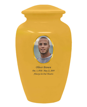 Yellow urn with a photo of a man and text on a white background