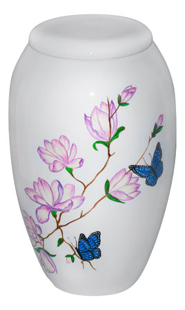 Hand Painted Butterfly on White Cremation Urn