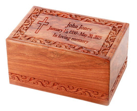 Large Rosewood Hand-carved Border Cremation Urn with Cross - IUWD100-BR-C
