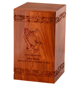 Large Rosewood Plain Tower Cremation Urn with Praying Hands - IUWD115-PL-PH