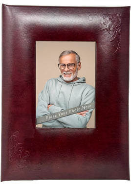 Embossed Leather Picture Frame Memorial Guest Book - 6 Ring - STFB102-Merlot