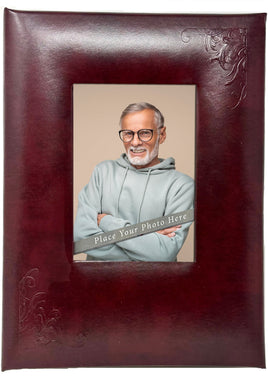 Embossed Leather Picture Frame Memorial Guest Book - 6 Ring - STFB102-Merlot