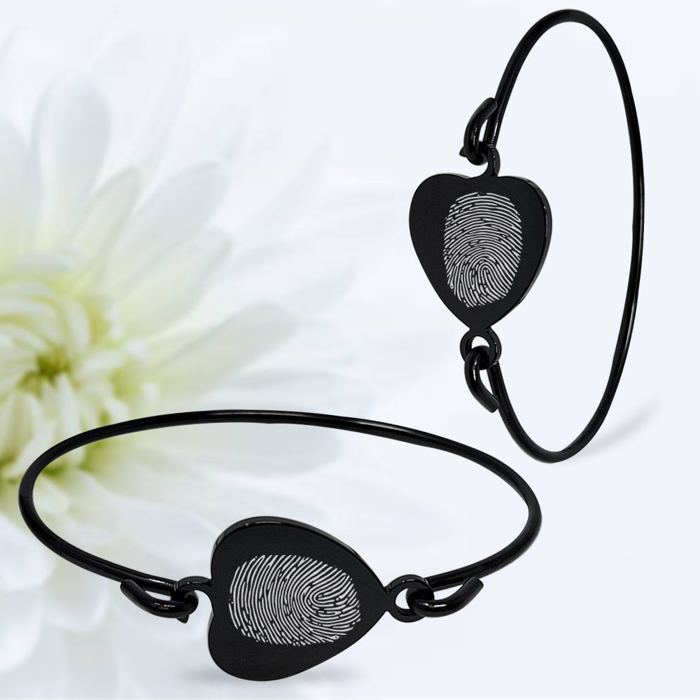 Black Polished Hook-On Fingerprint Bangle - Heart - IUHKBR101-B