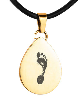 Gold Polished Foot Print Pendant - Tear Drop