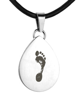 Silver Polished Foot Print Pendant - Tear Drop