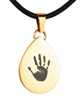 Gold Polished Hand Print Pendant - Tear Drop