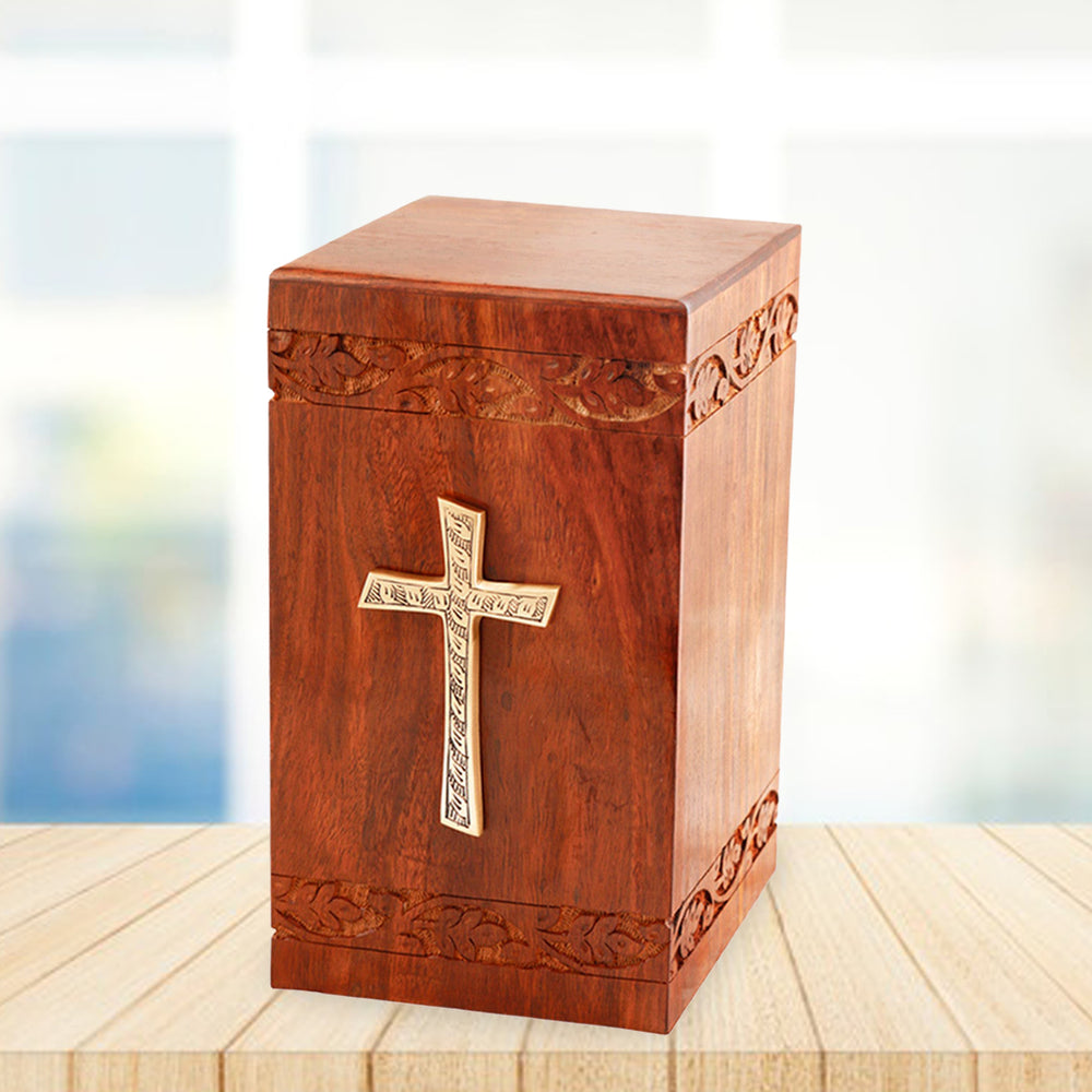 Large Solid Rosewood Brass Cross Tower Cremation Urn - IUWD115-CROSS