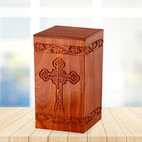 Large Solid Rosewood Hand-carved Cross Tower Cremation Urn - IUWD105-C
